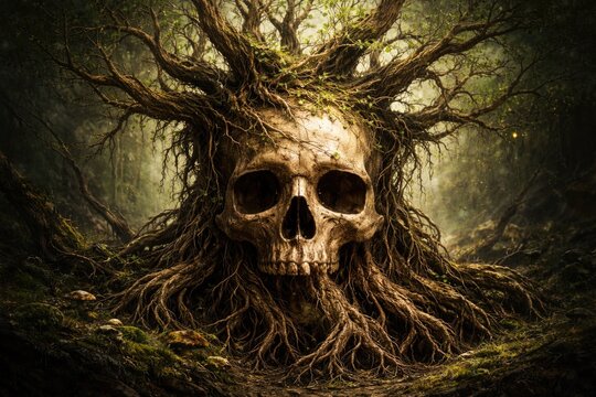 Creative hand drawn image of a skull integrated with organic tree roots and extending branches