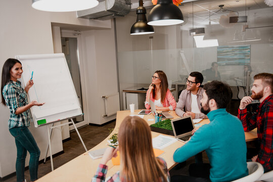 Business team meeting with a young woman presenting ideas on a flip chart during a collaborative office brainstorming session