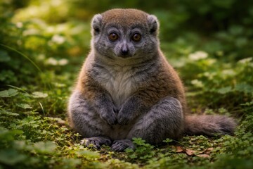 Fototapeta premium Gentle lemur sitting calmly on green leafy ground