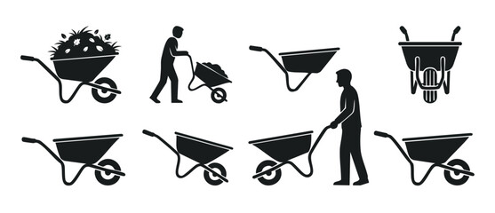 Wheelbarrow icon set, person pushing cart for gardening and construction. Vector flat illustration of equipment for landscaping, yard work, soil transport, and heavy duty site maintenance on white bac © Fernando
