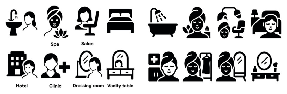 Beauty icons with spa bed bathtub mirror minimal