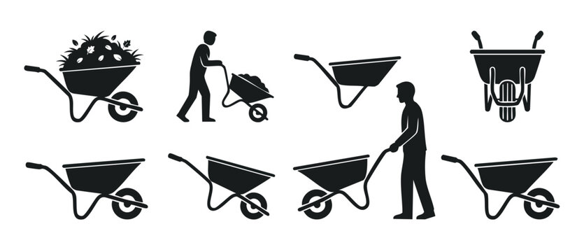 Wheelbarrow icon set, person pushing cart for gardening and construction. Vector flat illustration of equipment for landscaping, yard work, soil transport, and heavy duty site maintenance on white bac