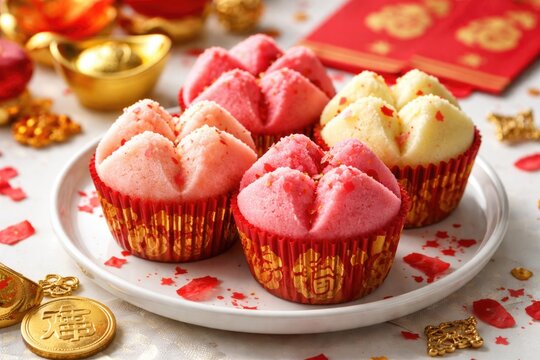 Festive Fa Gao steamed cupcake symbolizing fortune with white background