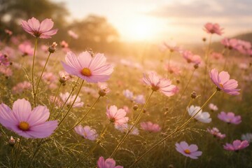 Fototapeta premium Bright cosmos petals waving in mild dawn breeze bathed in gentle sunlight