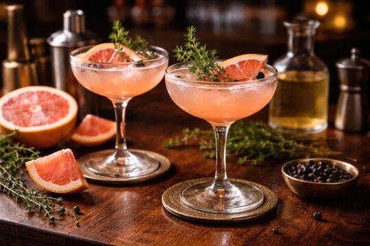 Herbal grapefruit gimlet cocktails displayed in glasses on deep brown wood