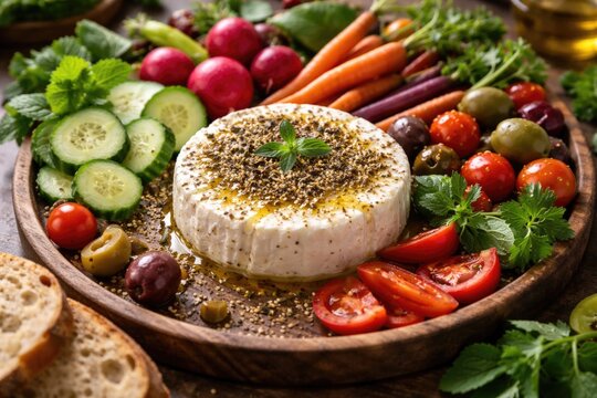 Artisan goat milk cheese appetizer topped with olive oil and zaatar served with an assortment of fresh garden vegetables on a wooden serving tray