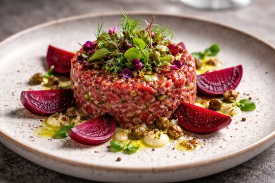 Fresh herb garnished beef tartare with bright beetroot slices displayed on designer plate