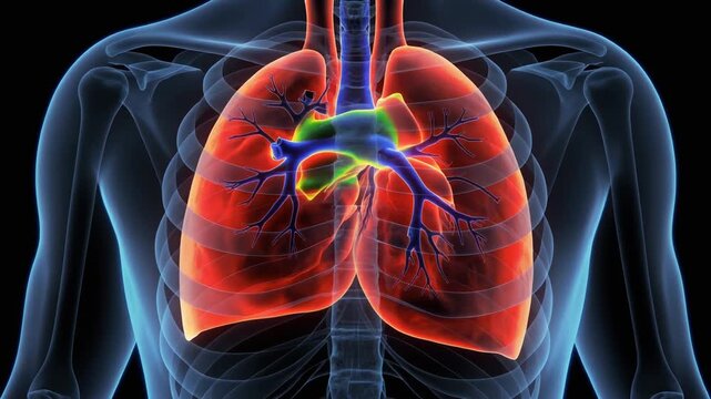 Human body medical x-ray scan shows lungs and heart in chest cavity with skeletal system visible