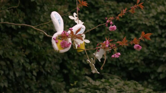 Easter bunny ears and easter decorations on blossom tree