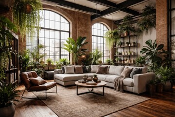 Obraz premium Loft-style living space with modern furnishings and abundant plants