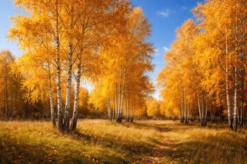 Fototapeta premium Golden birch grove in a grassy field showcasing fall colors with a bright blue sky