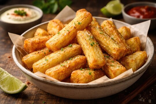Crispy golden yuca fries served hot in a simple bowl