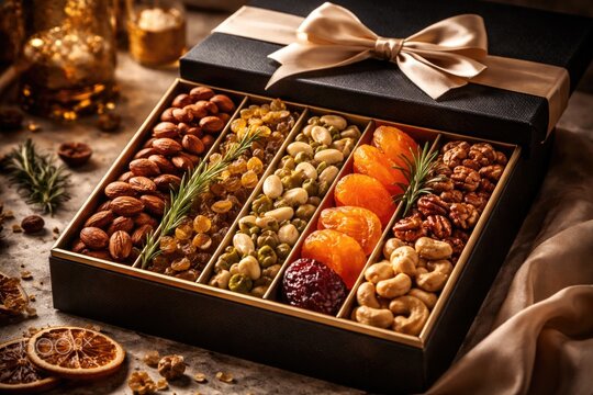 Elegant vertical presentation of mixed nuts and dried fruits in a luxury gift box