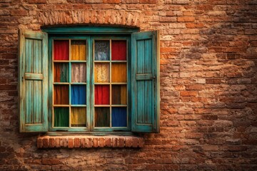 Obraz premium Brick wall texture highlighting a vibrant window lattice and rustic appeal