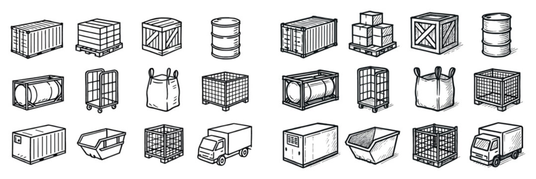 Logistics icons with crate container truck sketch