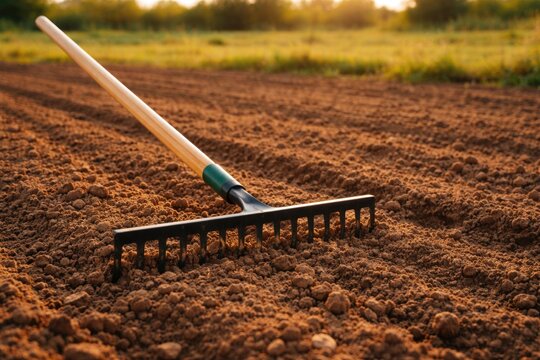 Agricultural rake with long handle and generous tine spacing for soil grooming and copy space