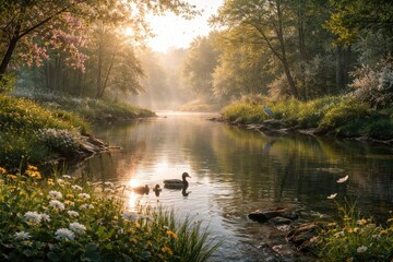 Fototapeta premium Calm morning by the river showcasing abundant spring ecosystem