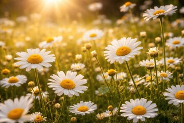 Fototapeta premium Fresh summer sunshine highlights close up of chamomile and daisy flowers in field