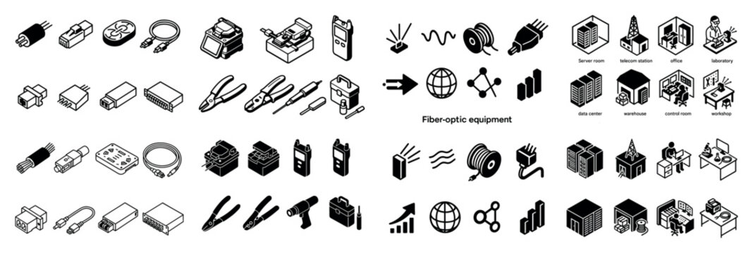 Fiber-optic equipment icons collection