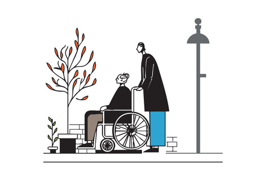 車椅子を押すやさしい介護シーンのイラスト