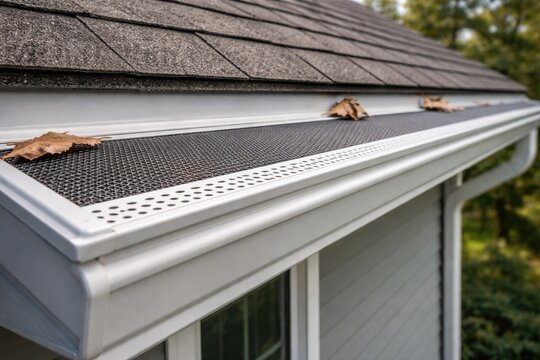 Attic roof gutter guard system with white framing and gray horizontal vinyl soffit details