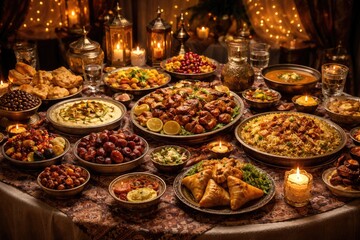 Fototapeta premium Decorated iftar table with assorted foods for festive Ramadan gathering