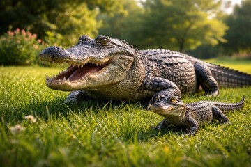 Obraz premium Joyful pet alligator with her baby exploring a lush green grass lawn in full length summer scene