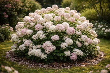 Fototapeta premium Hydrangea bush encircled by delicate pale pink and white flowers