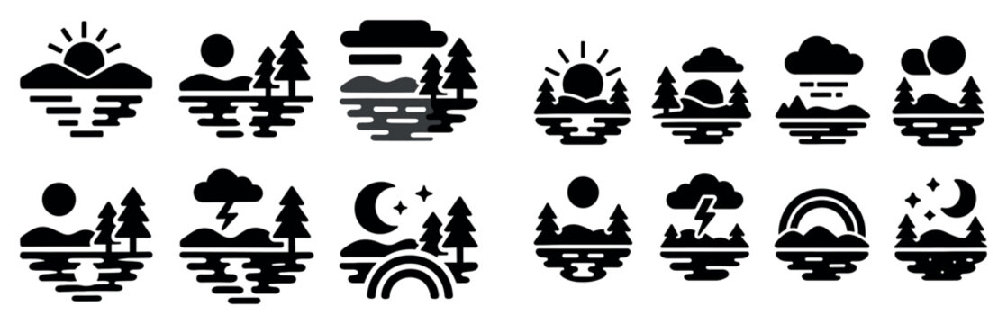 Nature icons with sun moon trees minimal