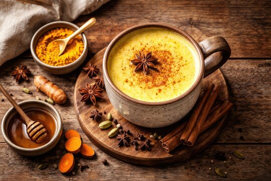 Healthy golden milk latte with various spices served in a mug on a wooden plank surface top view with copy space