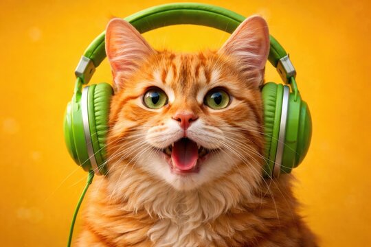 Lively pet portrait featuring a red cat and green headphones against a sunny yellow background