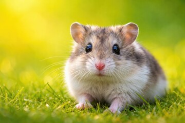 Obraz premium Close up portrait of an active dwarf hamster on fresh green and yellow background including copy space