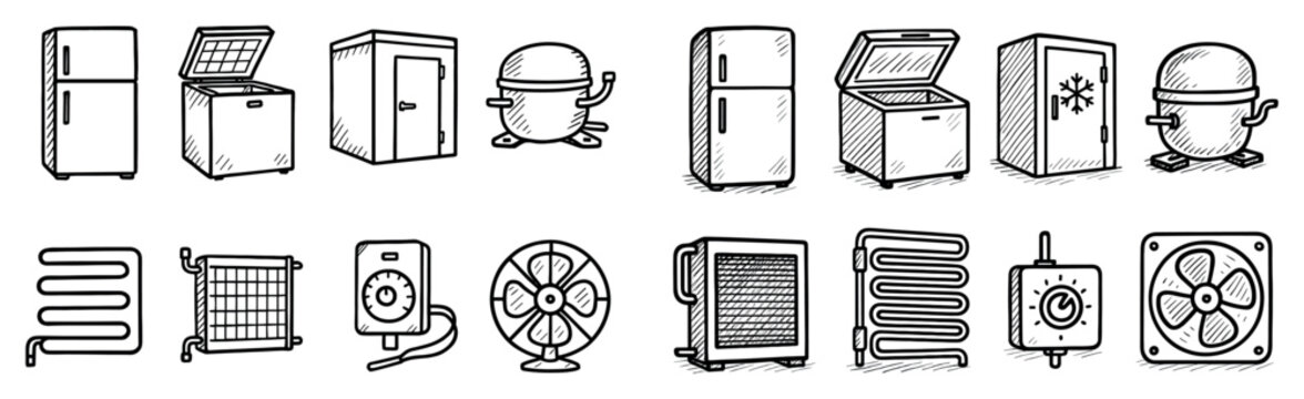 Cooling and heating icons with fridge fan sketch