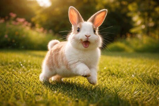 Delighted pet rabbit playing among green grass lawn in full length view on a warm summer afternoon