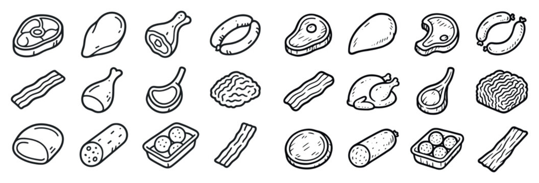 Meat icons with steak drumstick sausage outline