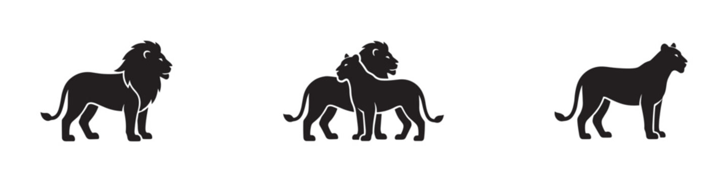Lion and lioness silhouettes set. African wildlife animals symbols. Male and female lion figures. Vector illustration.