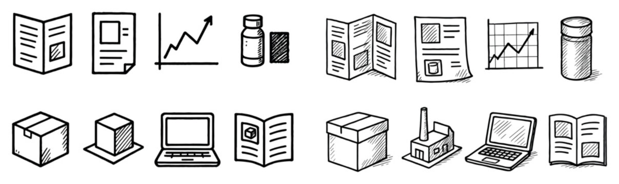 Logistics icons with box laptop brochure outline