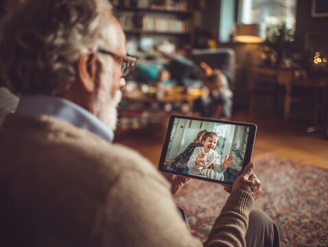 Senior Man Video Calling Grandchild on Tablet at Home