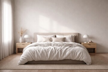 Fototapeta premium Clean and minimalist bedroom featuring bare wall and comfortable bedspread