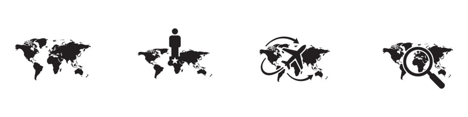 World map and global travel icon set. International business, aviation, geography and global search symbols. Vector illustration. © Roberto_Caravelli
