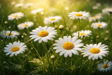 Fototapeta premium Close up of fresh daisies in a lush green field