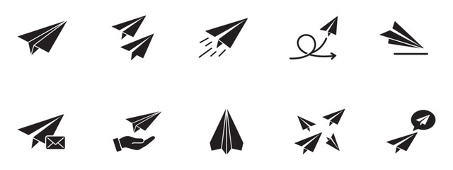 Fototapeta premium Paper Plane and Message Delivery Icon Set. Flying airplane, mail, and creative startup symbols. Vector Illustration. 
