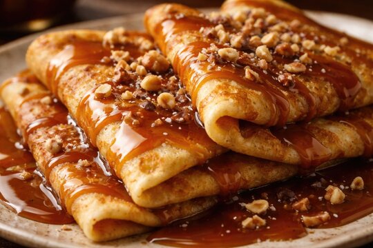 Close up image of golden crepes bathed in rich salted caramel sauce and garnished with chopped nuts