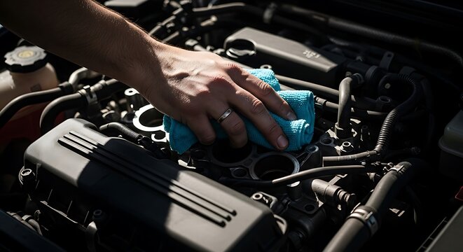 Close-up of a mechanic cleaning a car engine with a microfiber cloth