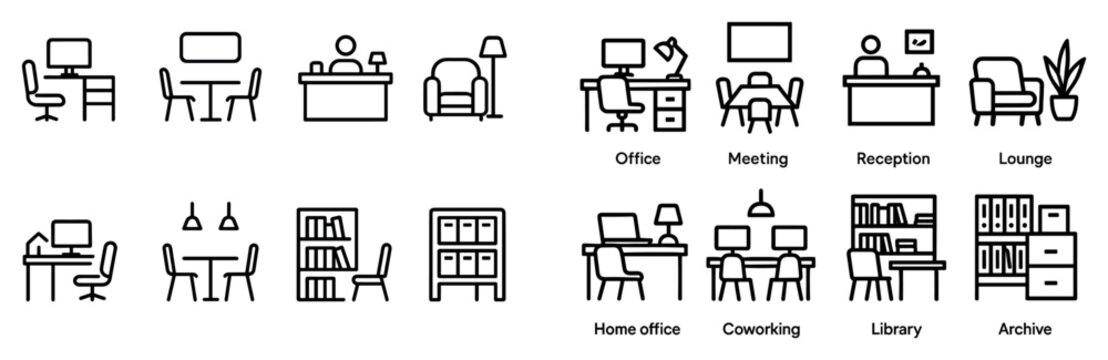 Office icons with desk chair bookshelf linear