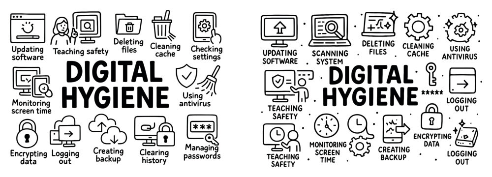 Digital icons with hygiene lock shield monitor outline