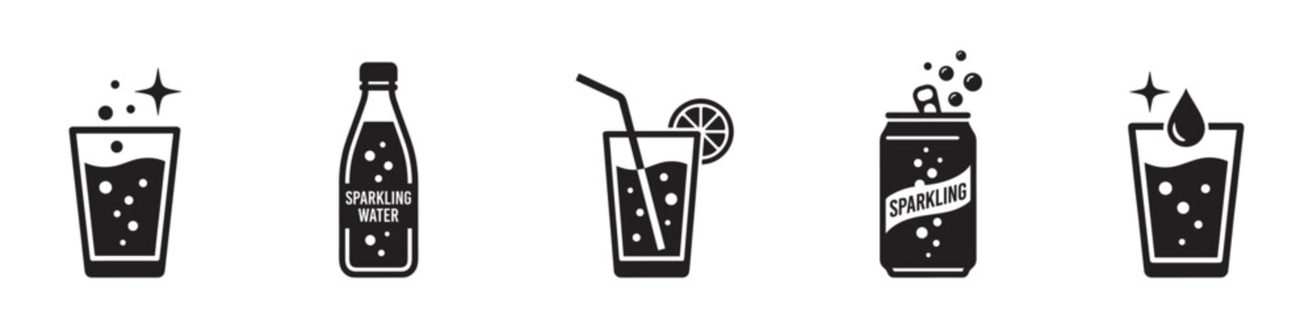Sparkling Water and Soft Drink Icon Set. Refreshing Beverage, Soda Can and Bottled Water Symbols. Vector Illustration.