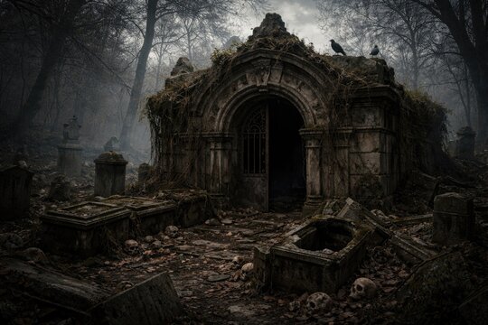 Decayed remains of a crypt in an ancient graveyard