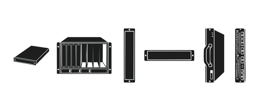 Server Rack Hardware Equipment Icons Set for Data Center Network Infrastructure Technology, Including Network Switches, Server Blades and Rackmount Enclosures in Flat Minimalist Silhouette Graphic Sty