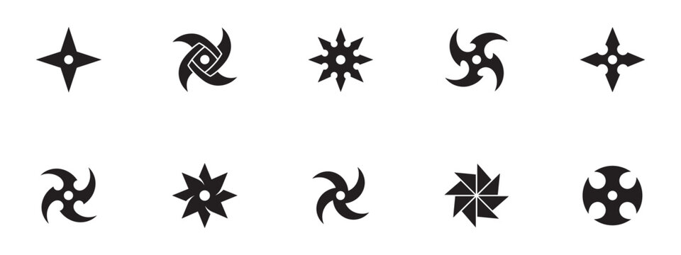 Shuriken and ninja weapon icon set. Japanese martial arts throwing star and blade symbols. Vector Illustration.